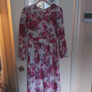 Pink and White Floral Long-Sleeve Maxi Dress